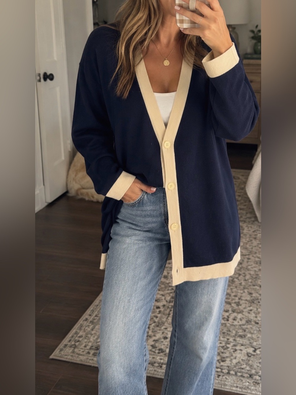 Vintage Italian Wool Navy Cream Cardigan Coastal Preppy Old Money Size 40